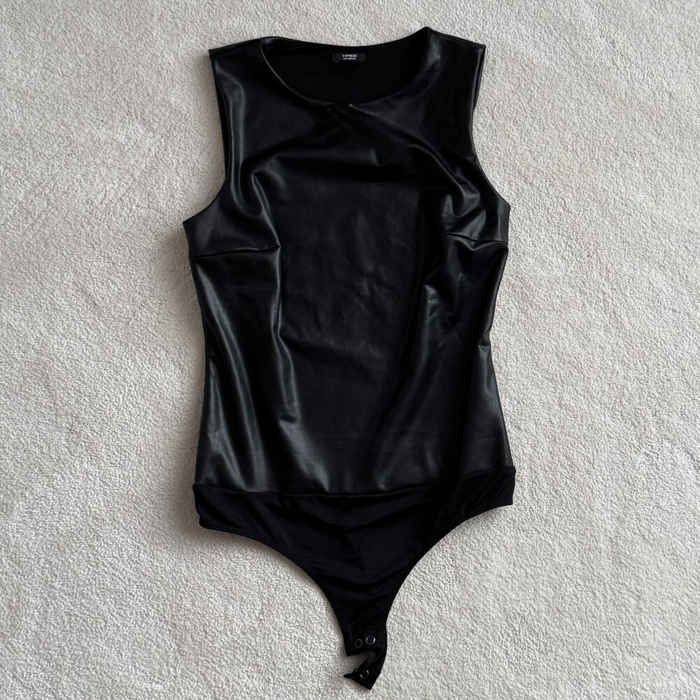 Express Faux Leather Black Bodysuit - Picture 2 of 3